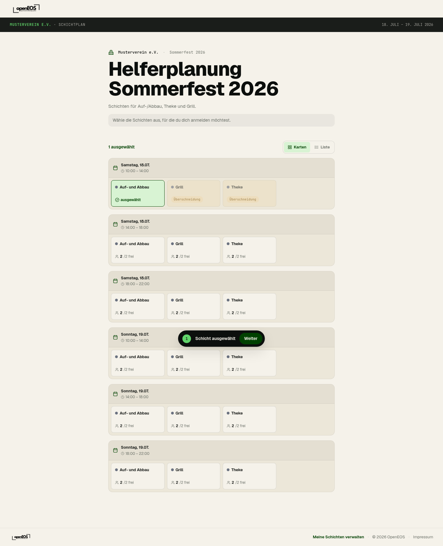 Schichtauswahl durch Helfer