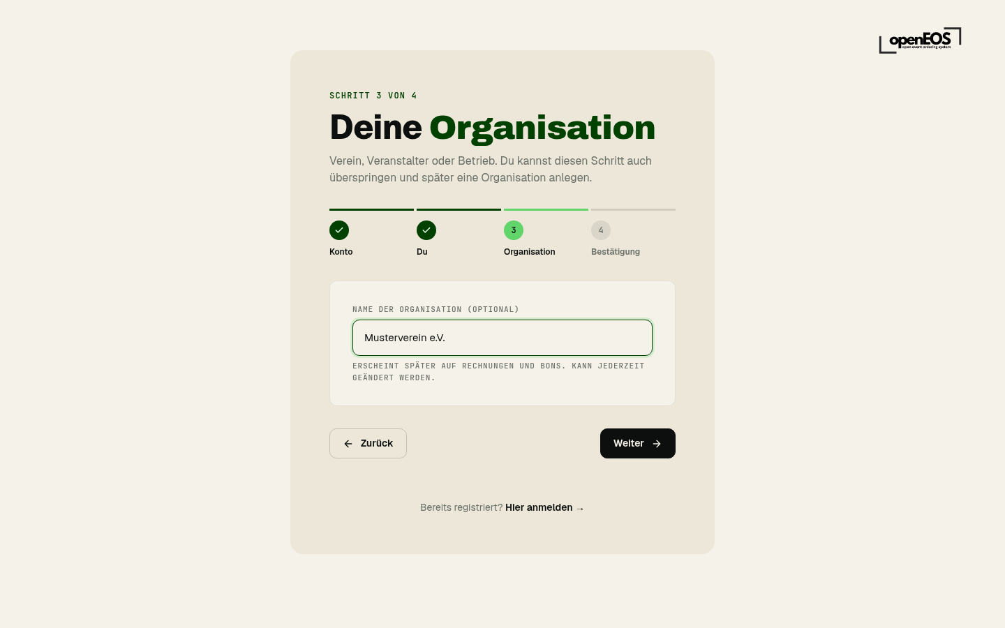 Registrierung Schritt 3 – Organisation