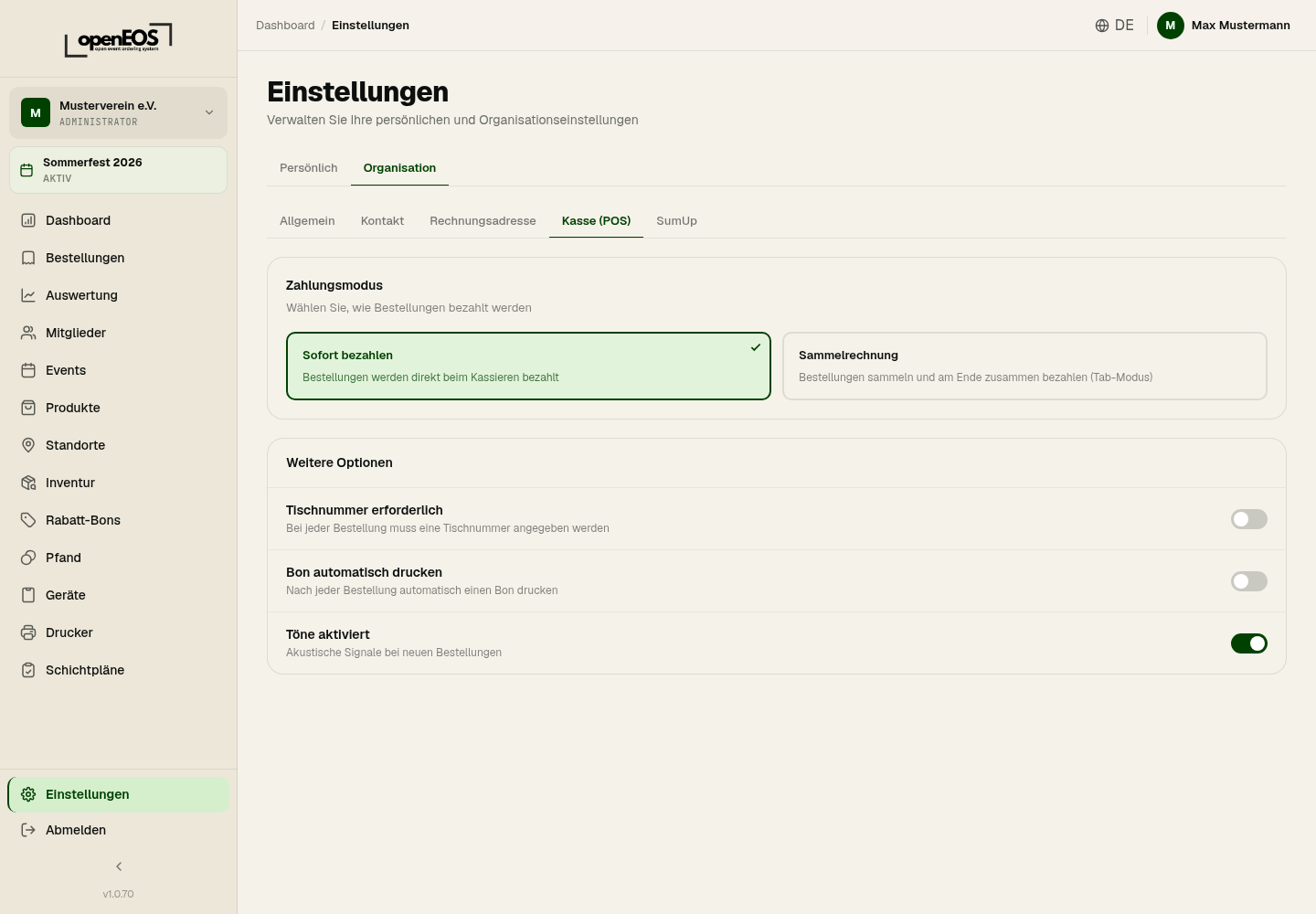 Organisationseinstellungen – Kasse (POS)