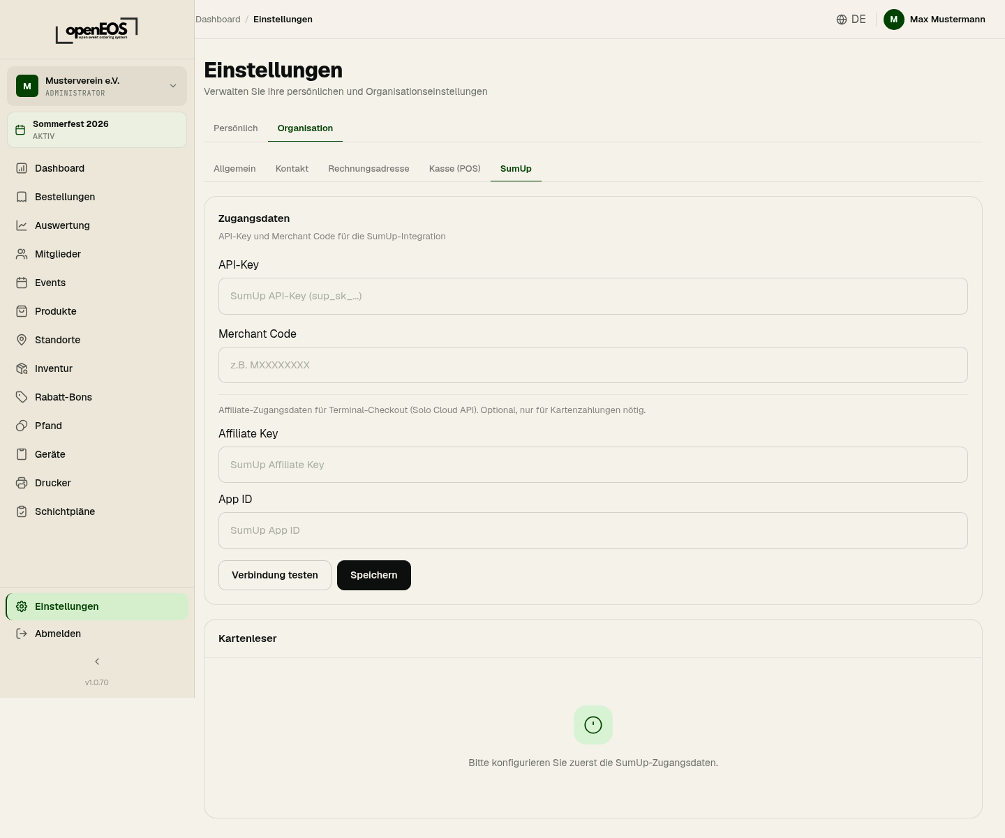 Organisationseinstellungen – SumUp
