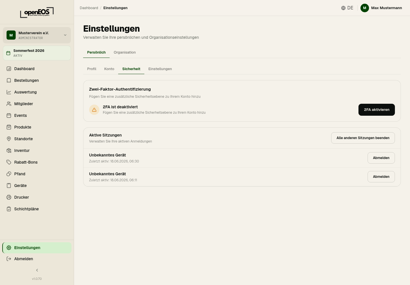 Einstellungen – Sicherheit