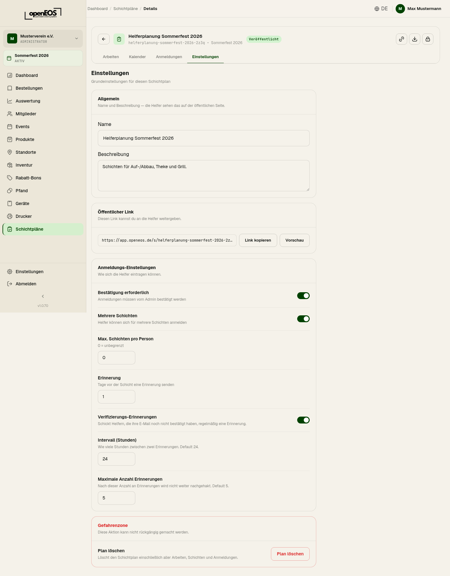 Schichtplan-Einstellungen mit öffentlichem Link