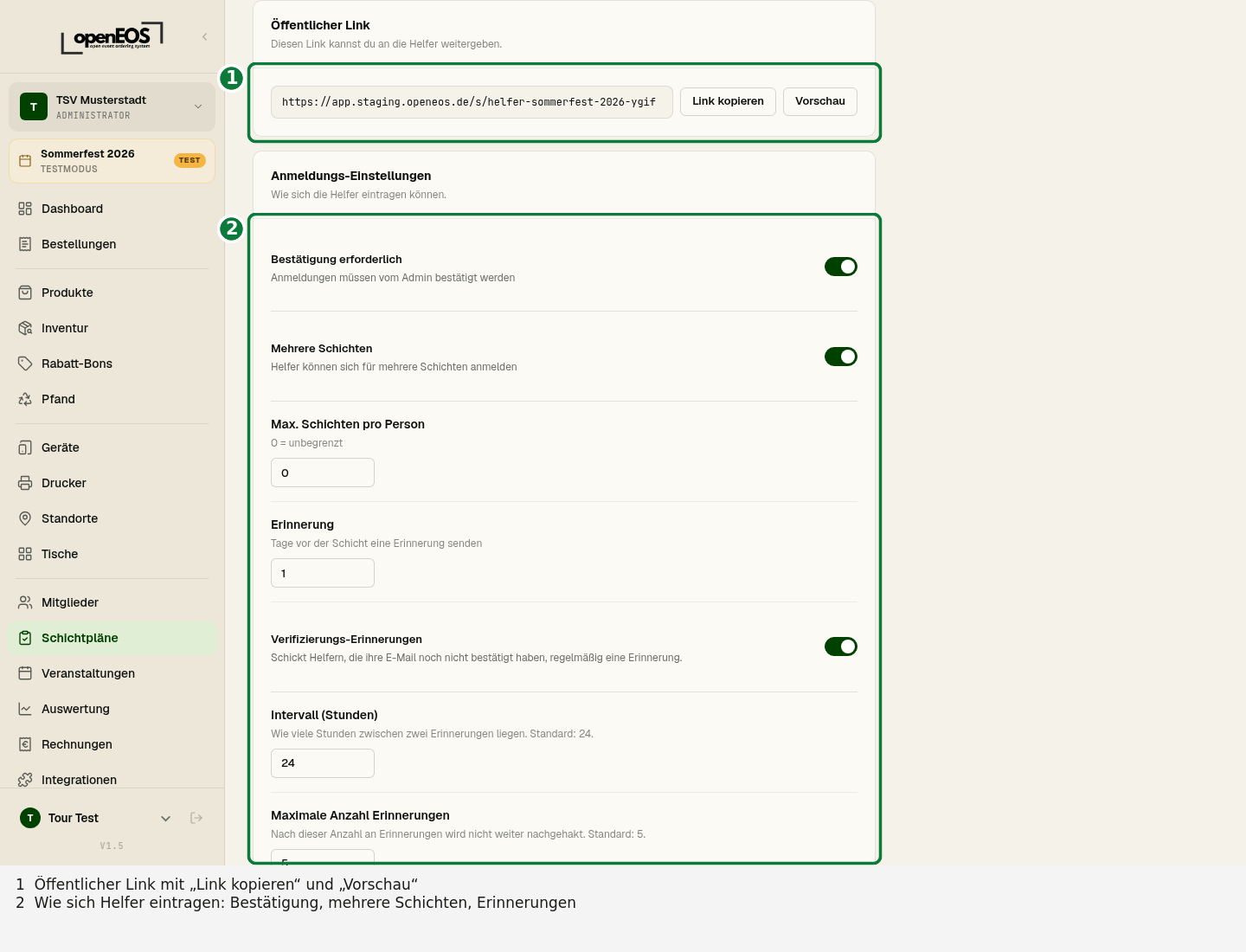 Schichtplan-Einstellungen mit öffentlichem Link
