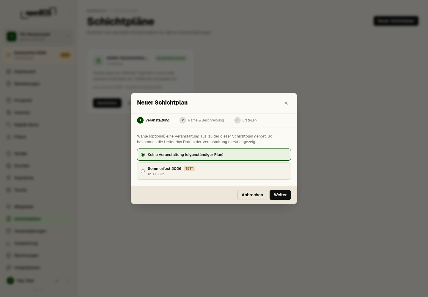 Schichtplan erstellen: Veranstaltung wählen