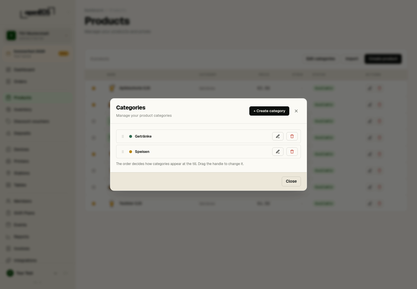 The "Edit categories" dialog on the products page
