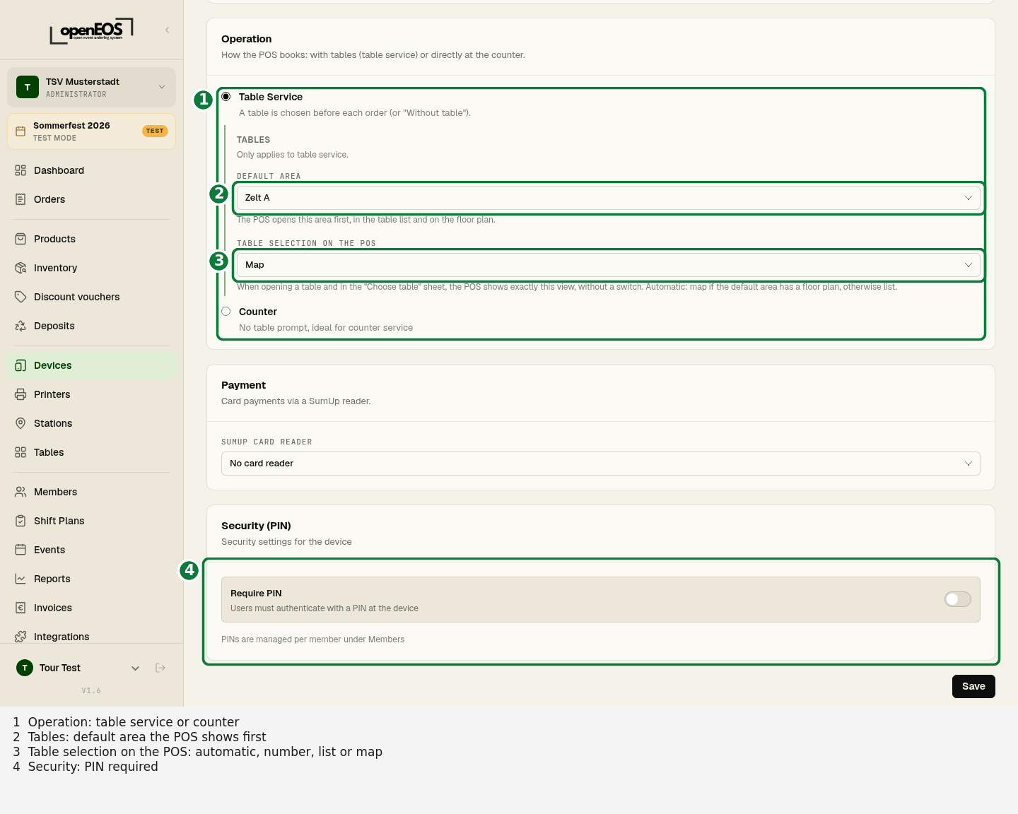 Till settings: operation with tables, payment and PIN