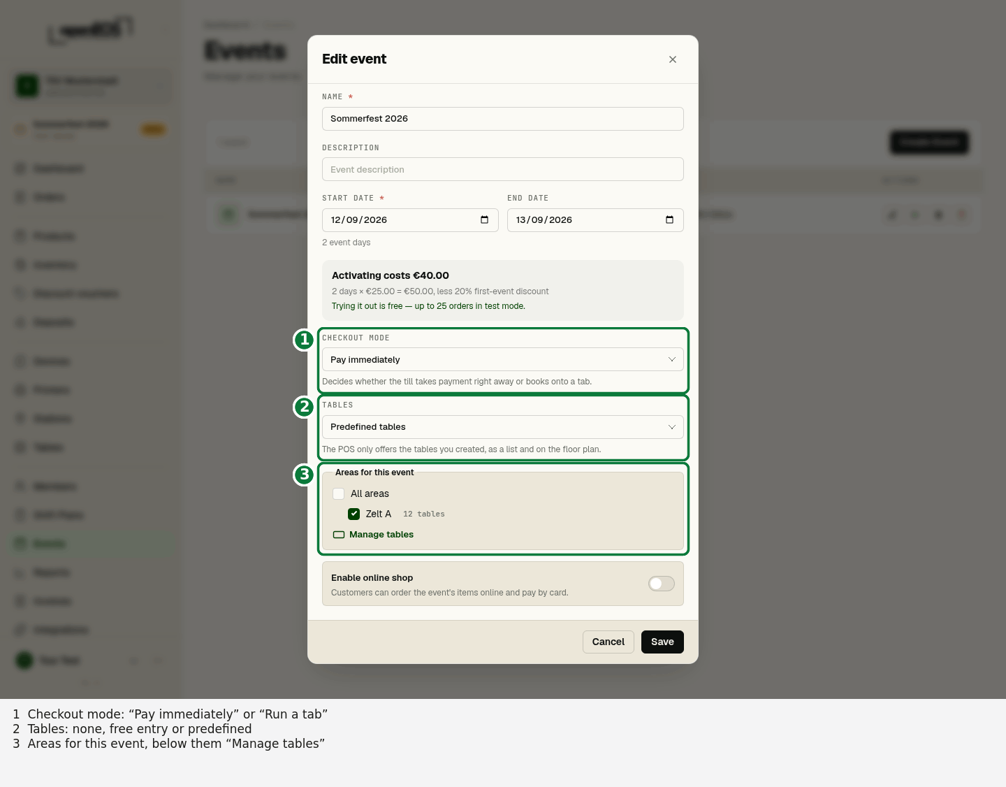 Checkout mode and tables in the event dialog