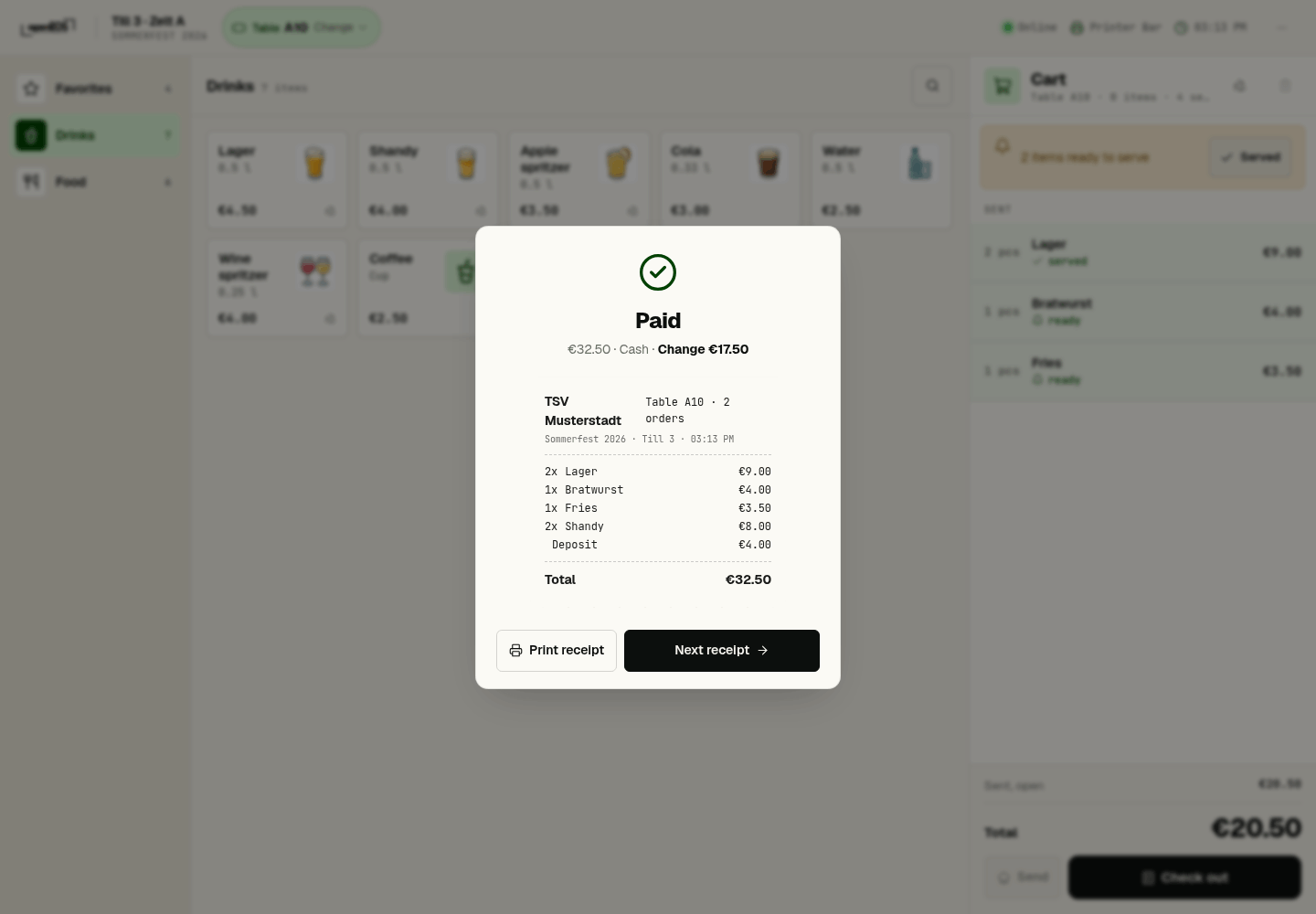 Payment completed with change and receipt