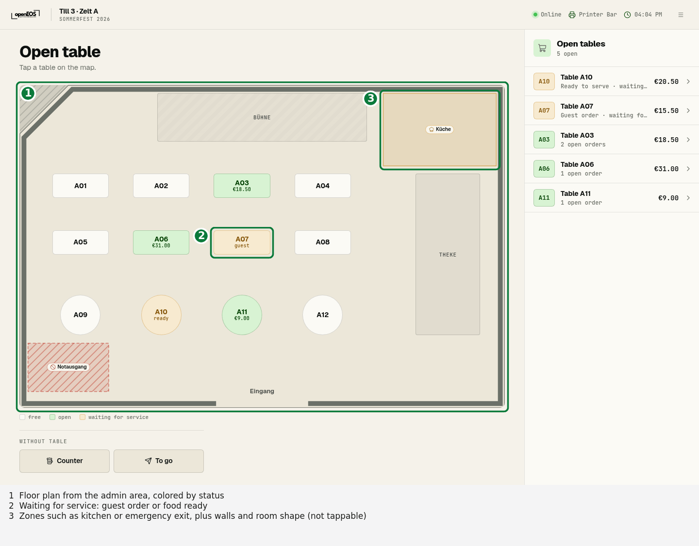 The floor plan at the till, colored by status