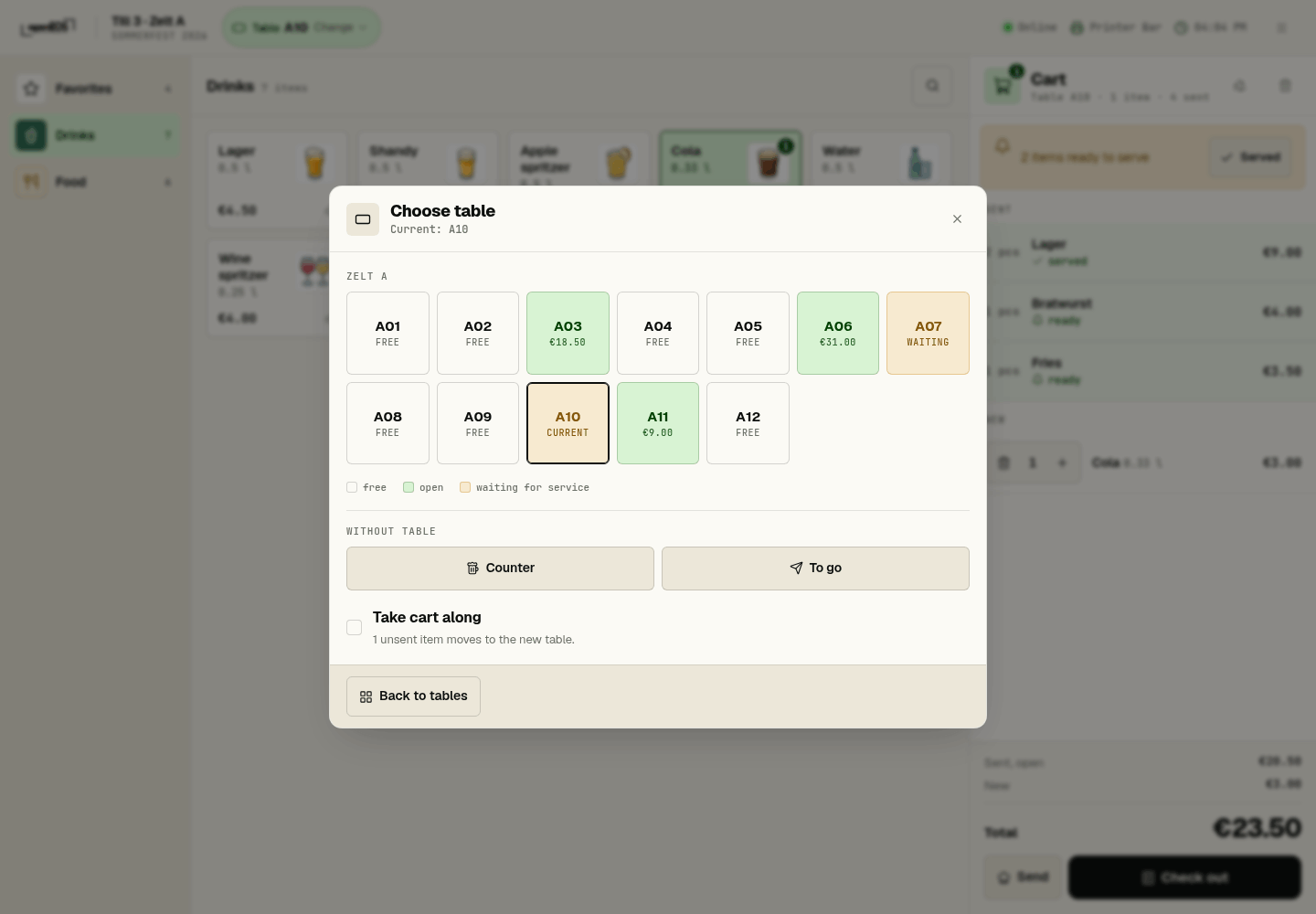 Choose table with all tables and "Take cart along"