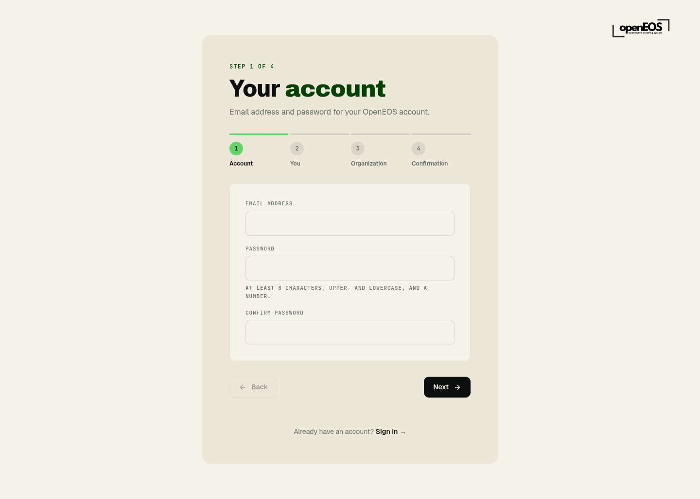 Registration step 1 – Account
