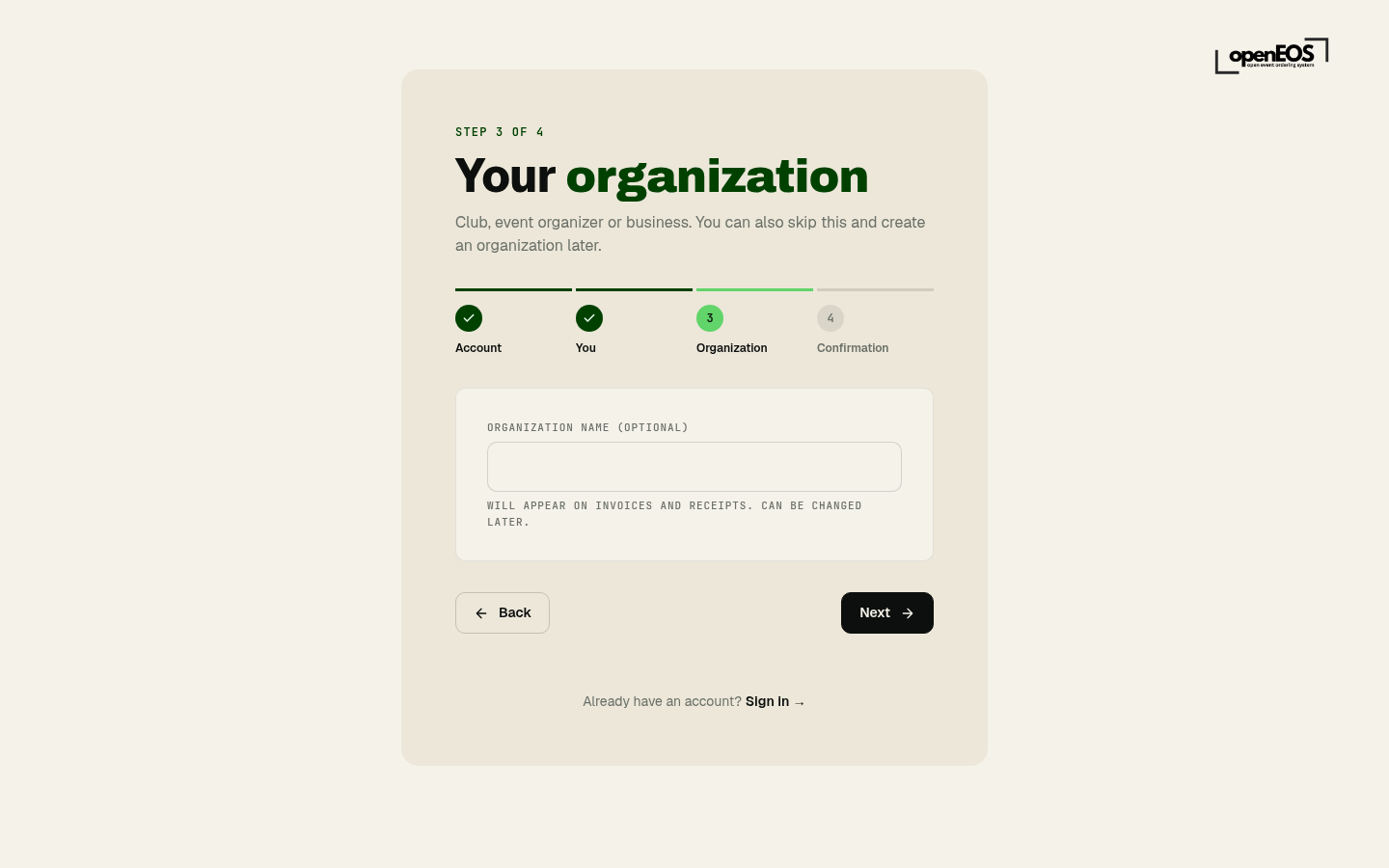 Registration step 3 – Organisation