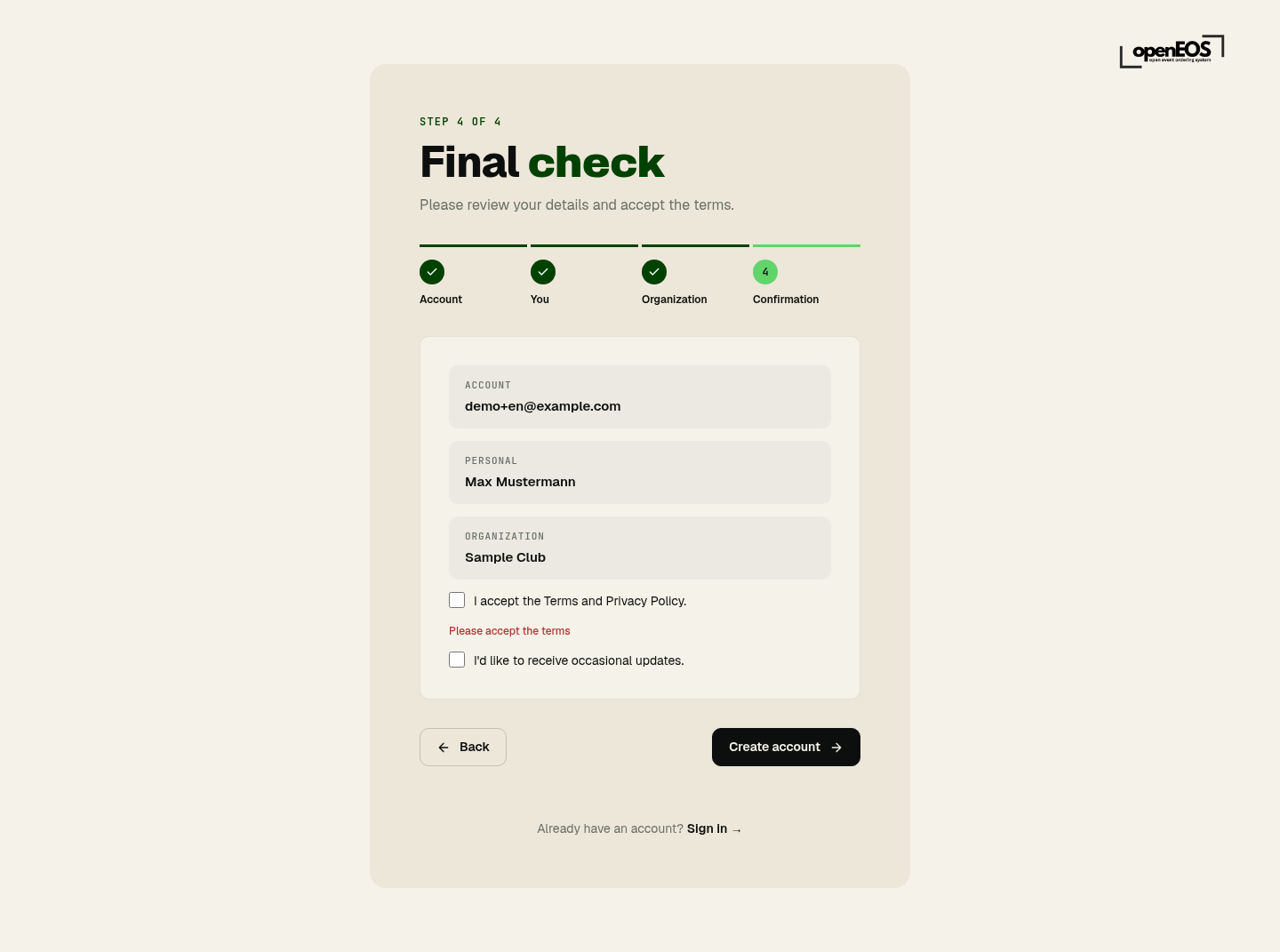 Registration step 4 – Confirmation
