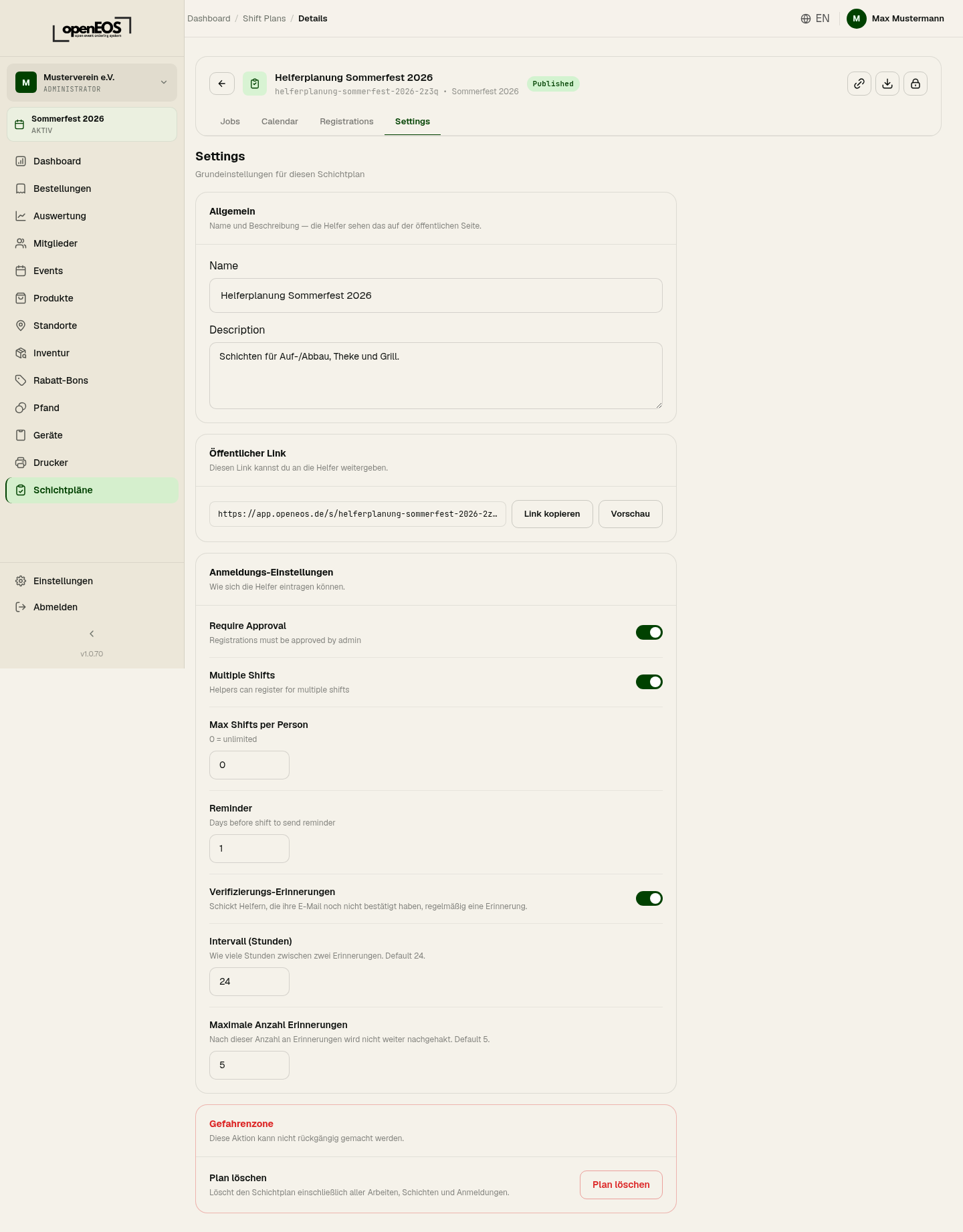 Shift plan settings with public link
