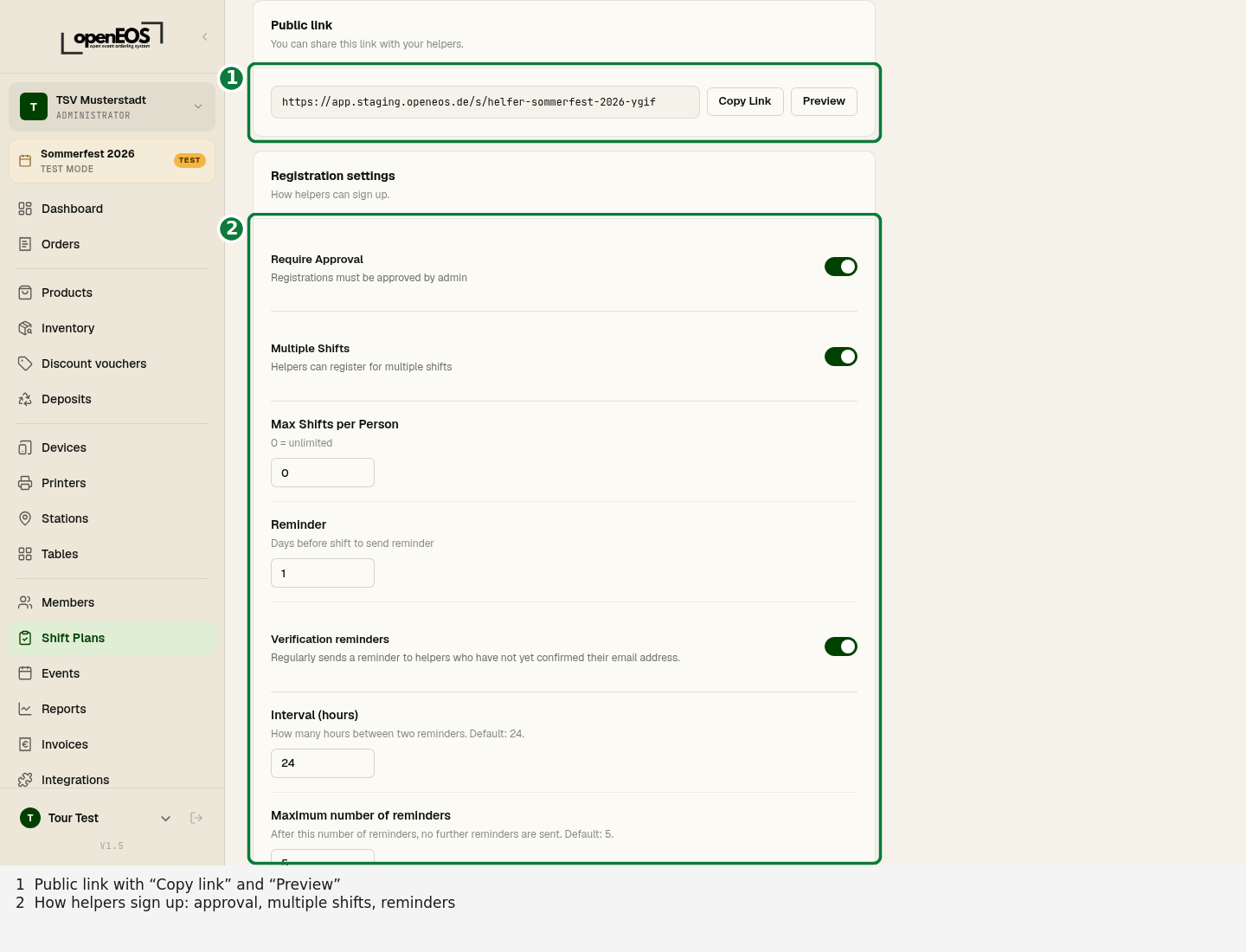 Shift plan settings with public link