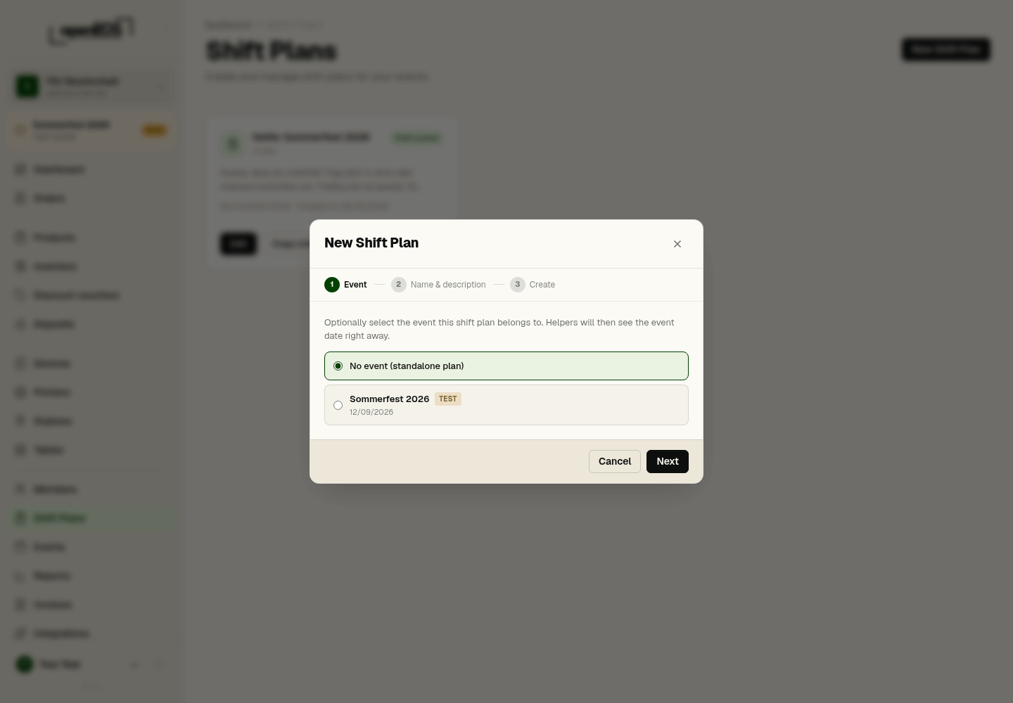 Create shift plan: choose the event
